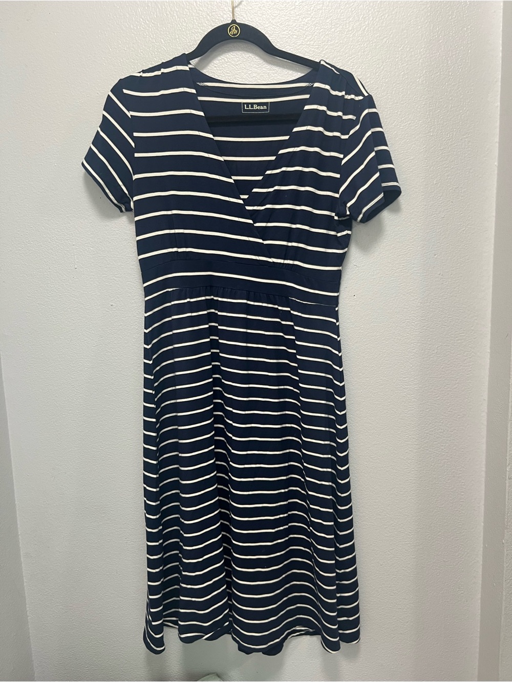 L.L. Bean Navy and White Striped V‑Neck faux wrap Midi Dress